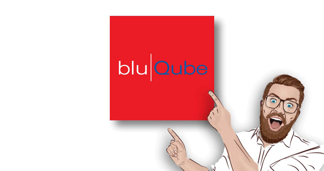 bob pointing at bluQube logo